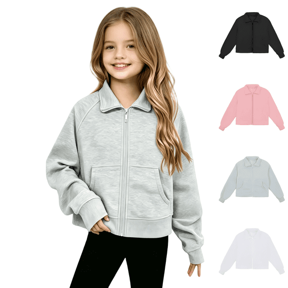 Wilark Girls Zip Up Sweatshirts Size 2-12, Collared Long Sleeve Fashion Casual Kids Fall Jackets Gray