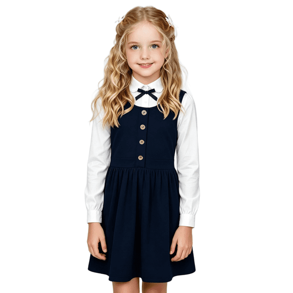 Wilark Little Girls Sleeveless Dress Size 10, Crew Neck Spring Fall Casual Preppy Uniform Sundress for Girls Navy