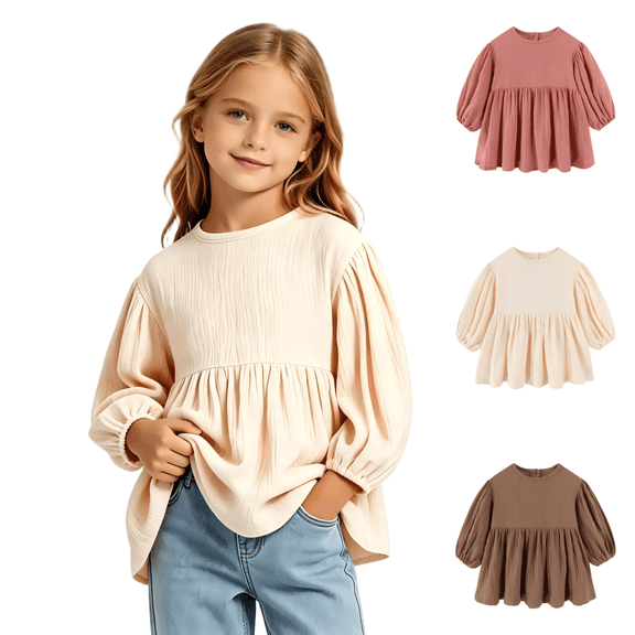 Wilark Toddler Girls Cotton Linen Peplum Tops with Puff Sleeve Size 5, Casual Cute Spring Fall Crew Neck Kids Long Sleeve Babydoll Tops Beige