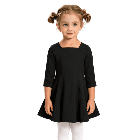 Wilark Toddler Girls Dress Long Sleeve Casual Knitting Cotton Square Neck Fall A Line Dress Black 3 T