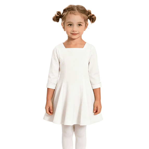 Wilark Toddler Girls Dress Square Neck Knitting Cotton Casual Long Sleeve Fall A Line Dress White 2 T