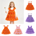 thumbnail image 1 of Wilark Toddler Girls Halloween Dresses Square Neck Lightweight Cute Trendy Flutter Sleeve Festival Party Dresses Orange 4 T, 1 of 9