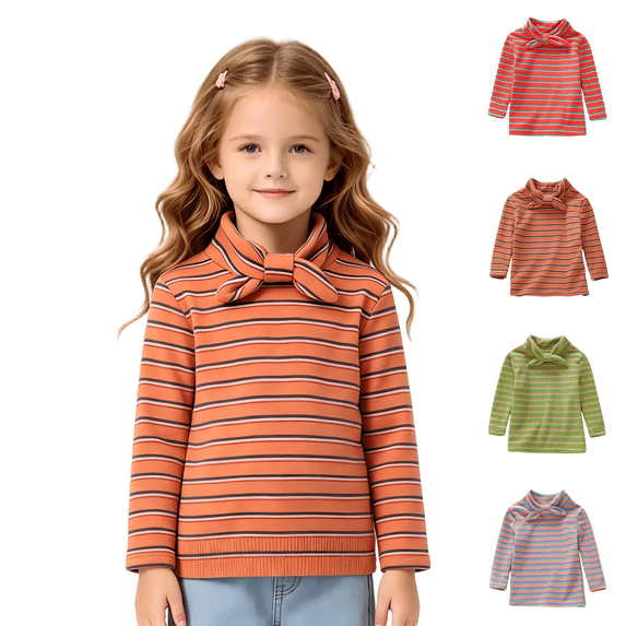 Wilark Toddler Girls Long Sleeve T Shirts Casual Warm Knitted Striped High Neck Kids Fall Winter Pullover Orange 4T