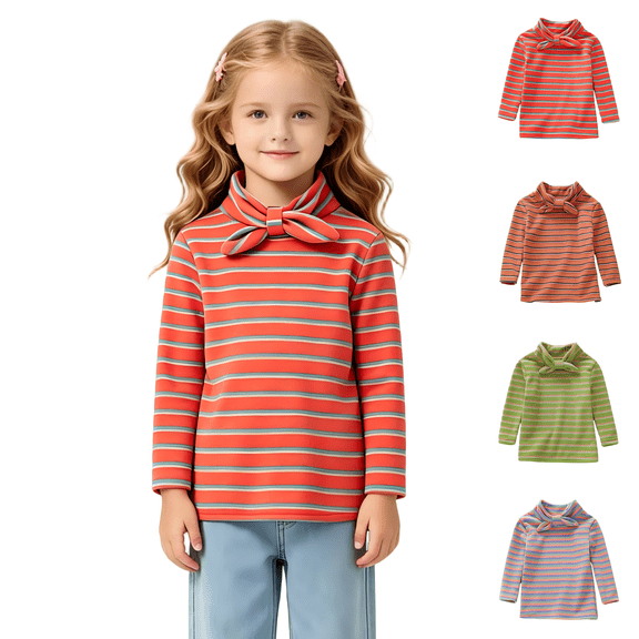 Wilark Toddler Girls Long Sleeve T Shirts Size 5, Knitted Casual Warm High Neck Striped Kids Fall Winter Pullover Red