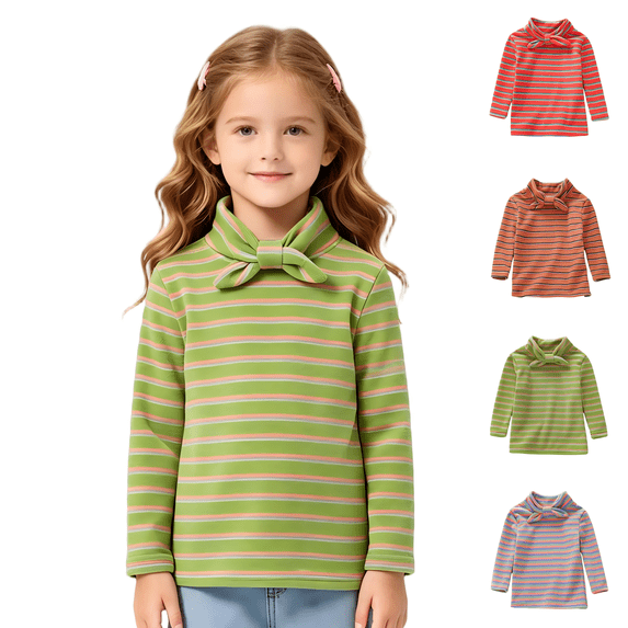 Wilark Toddler Girls Long Sleeve T Shirts Striped High Neck Casual Warm Knitted Kids Fall Winter Pullover Green 2T