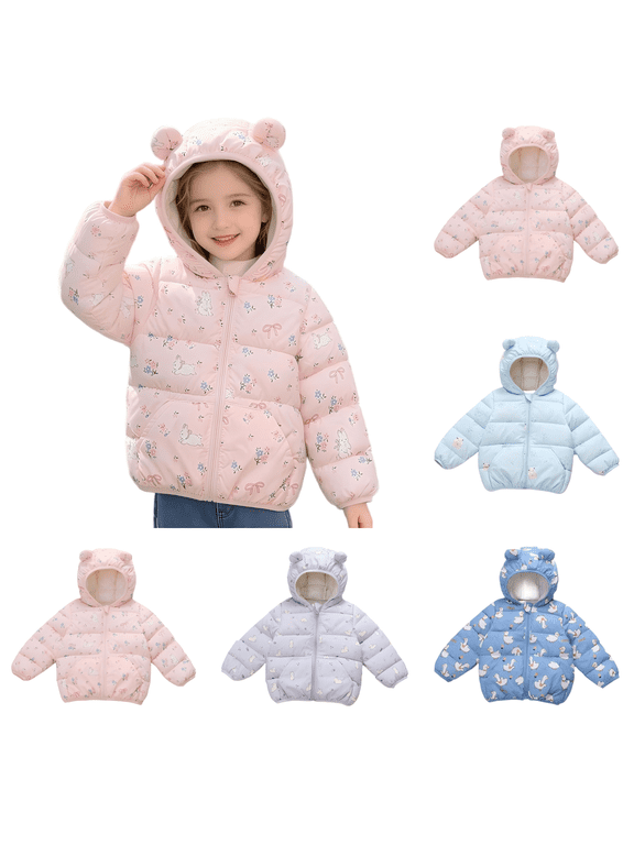 Toddler Girls Winter Warm Puffer Jackets with Pockets Casual Cute Bunny Floral Print Long SLeeve Hooded Relaxed Fit Lightweight Coats Pink 4