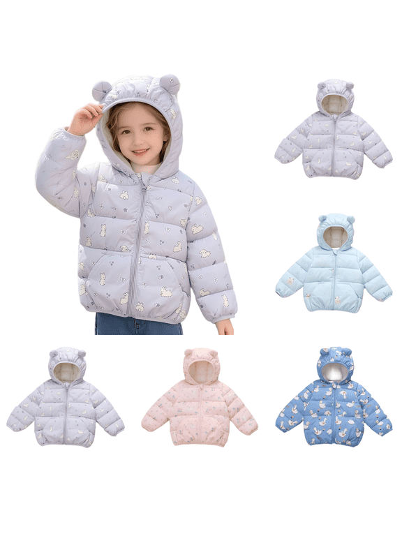 Toddler Girls Winter Warm Puffer Jackets with Pockets Long SLeeve Hooded Bunny Print Casual Cute Relaxed Fit Lightweight Coats Purple 2