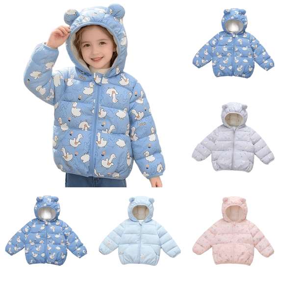 Wilark Toddler Girls Winter Warm Puffer Jackets with Pockets Relaxed Fit Casual Cute Long SLeeve Hooded Duck Print Lightweight Coats Blue 2