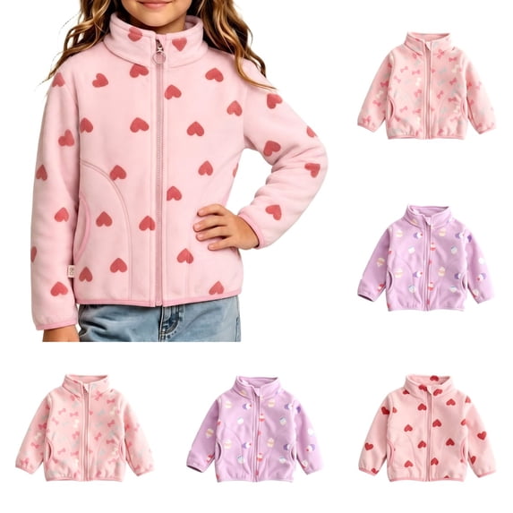 Wilark Toddler Girls Zip Up Fleece Jackets with Pockets Casual Cute Heart Print Lightweight Long Sleeve Fall Coat Red 1-5