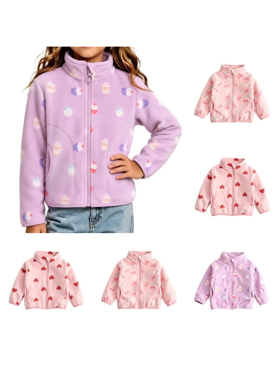 Toddler Girls Zip Up Fleece Jackets with Pockets Cupcake Print Casual Cute Long Sleeve Lightweight Fall Coat Purple 4