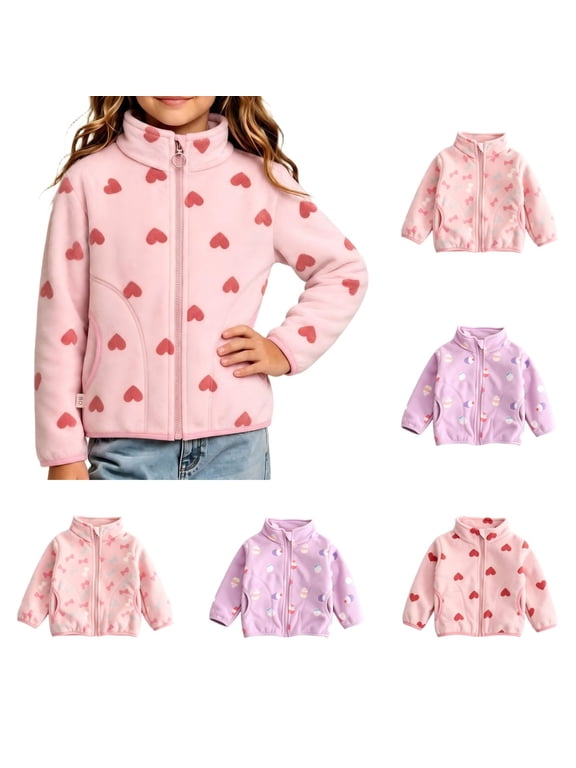 Toddler Girls Zip Up Fleece Jackets with Pockets Heart Print Lightweight Casual Cute Long Sleeve Fall Coat Red 3