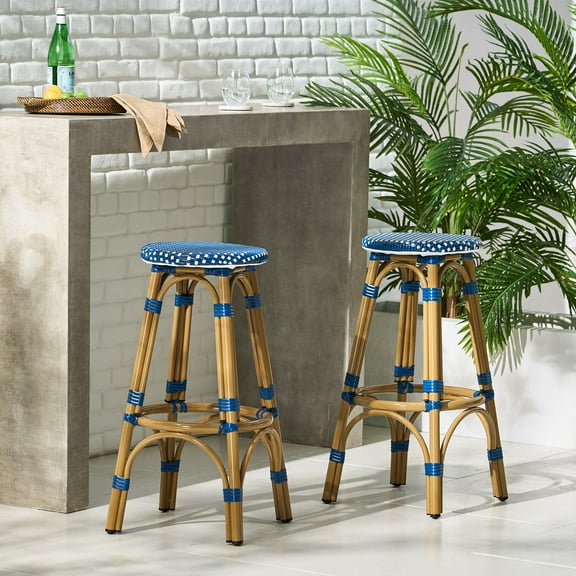 Wilbur Aluminum and Wicker Outdoor 29.5 Inch Barstools, Set of 2, Navy Blue, White, and Bamboo Finish