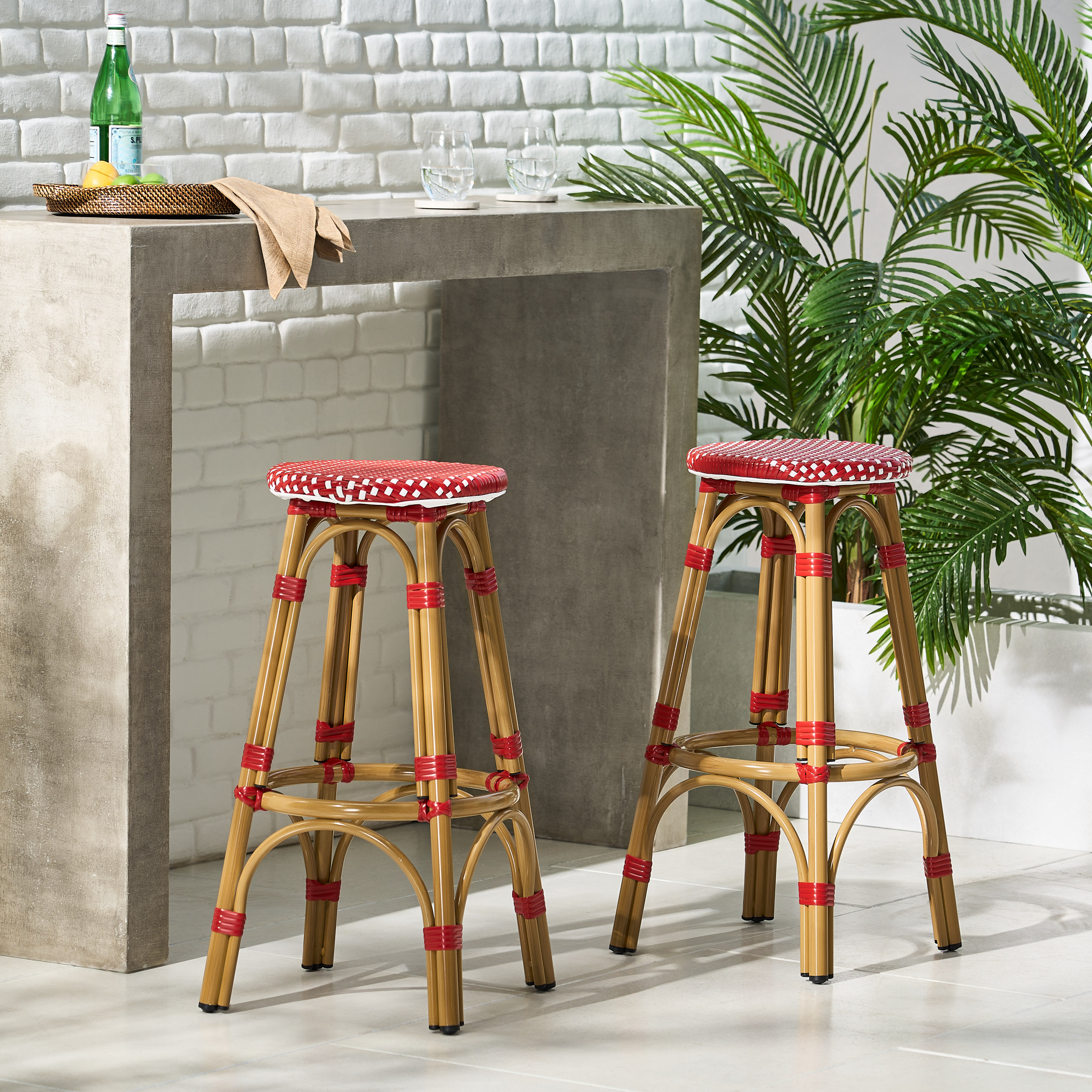 Wilbur Aluminum and Wicker Outdoor 29.5 Inch Barstools, Set of 2, Red, White, and Bamboo Finish - image 1 of 7