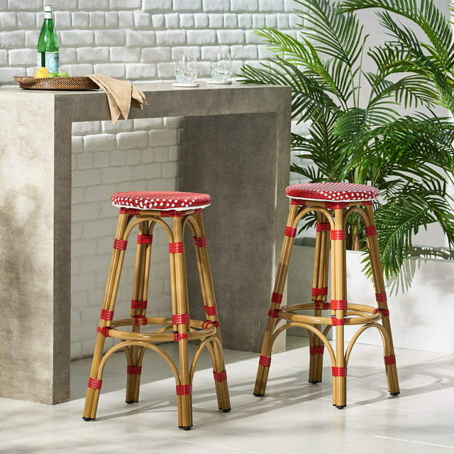 Wilbur Aluminum and Wicker Outdoor 29.5 Inch Barstools, Set of 2, Red, White, and Bamboo Finish