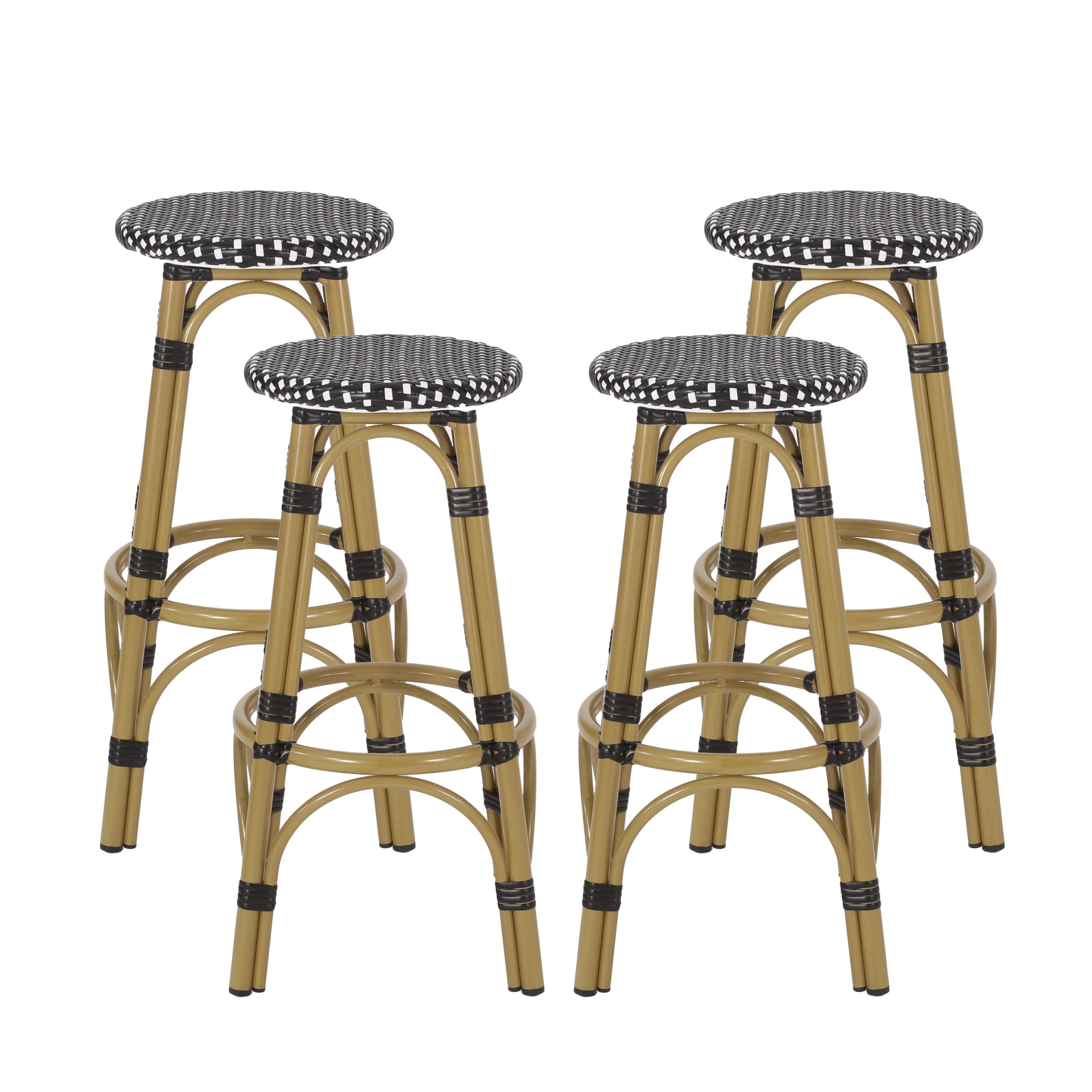 Wilbur Aluminum and Wicker Outdoor 29.5 Inch Barstools, Set of 4, Black, White, and Bamboo Finish