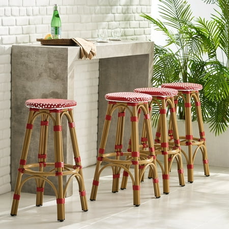 Wilbur Aluminum and Wicker Outdoor 29.5 Inch Barstools, Set of 4, Red, White, and Bamboo Finish