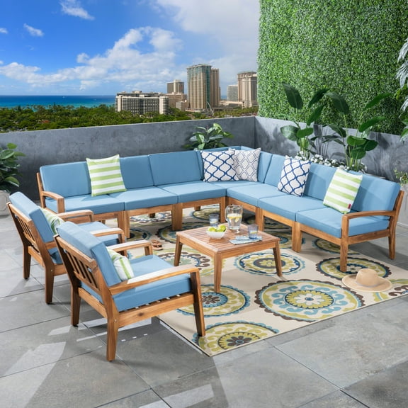 Wilcox Outdoor 10 Piece Sectional Sofa Set with Cushions, Teak, Blue