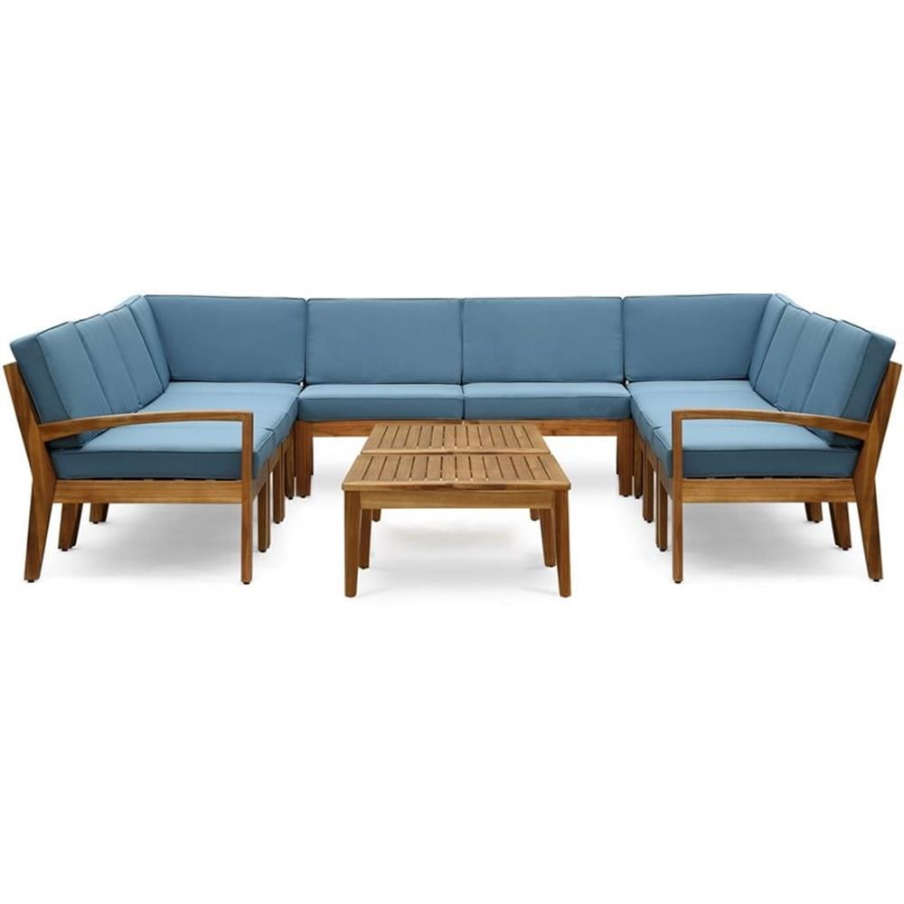 Wilcox Outdoor 12 Piece Sectional Sofa Set with Cushions, Teak, Blue