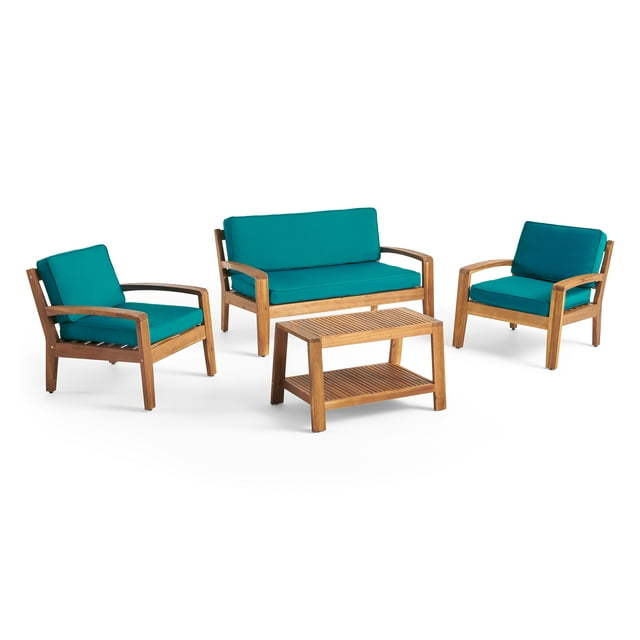 Wilcox Outdoor 4-Seater Acacia Wood Conversation Set with Coffee Table and Cushions, Teak, Sunbrella Canvas Teal
