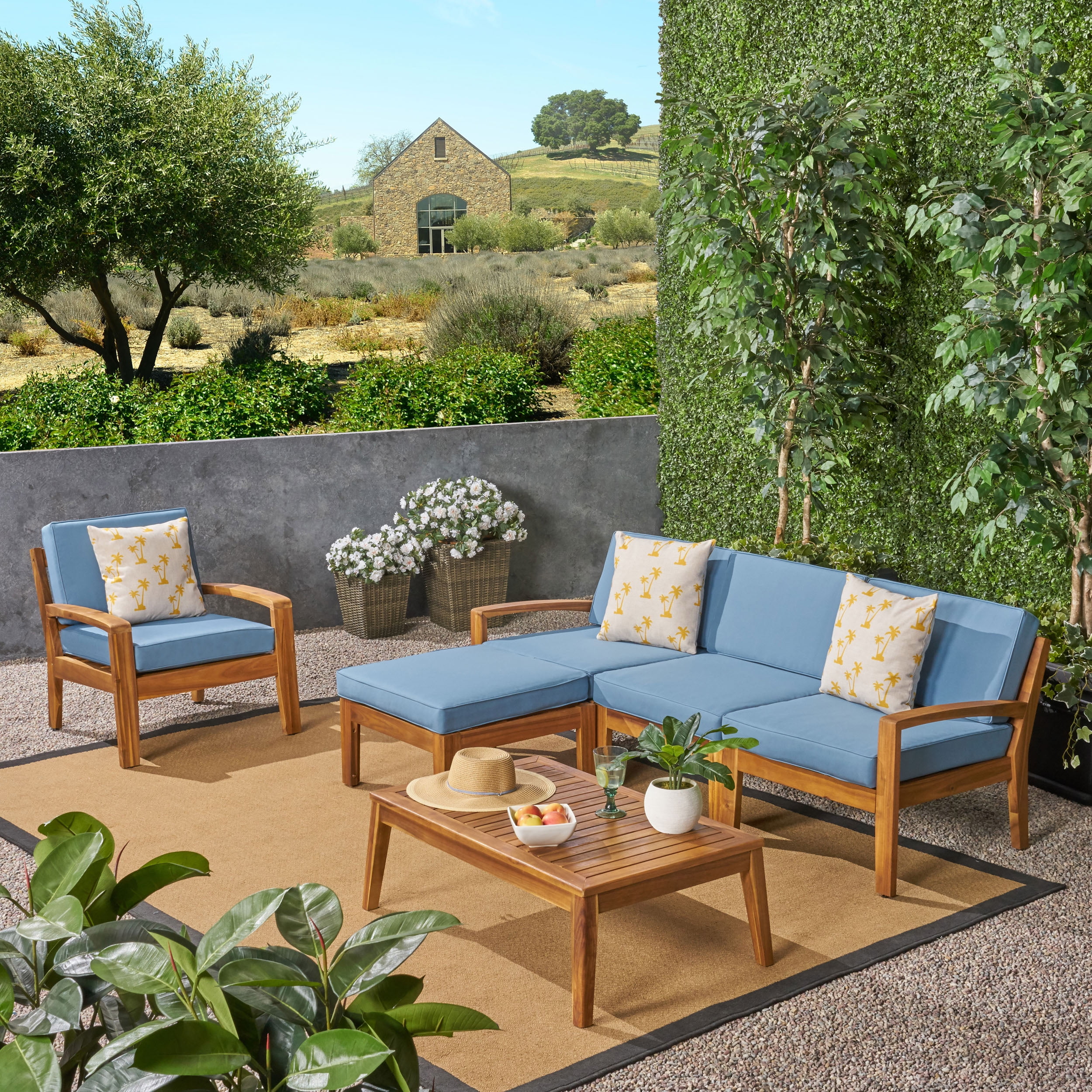 Grenada Teak Brown 4-Seater Outdoor Sectional Sofa Set with Blue Cushions