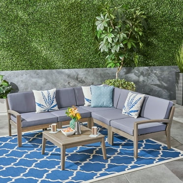 Wilcox Outdoor 6 Piece Sectional Sofa Set with Cushions, Gray, Dark Gray