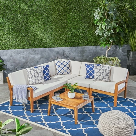 Wilcox Outdoor 6 Piece Sectional Sofa Set with Cushions, Teak, Beige
