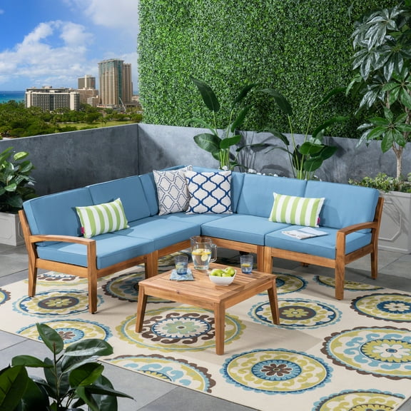 Wilcox Outdoor 6 Piece Sectional Sofa Set with Cushions, Teak, Blue
