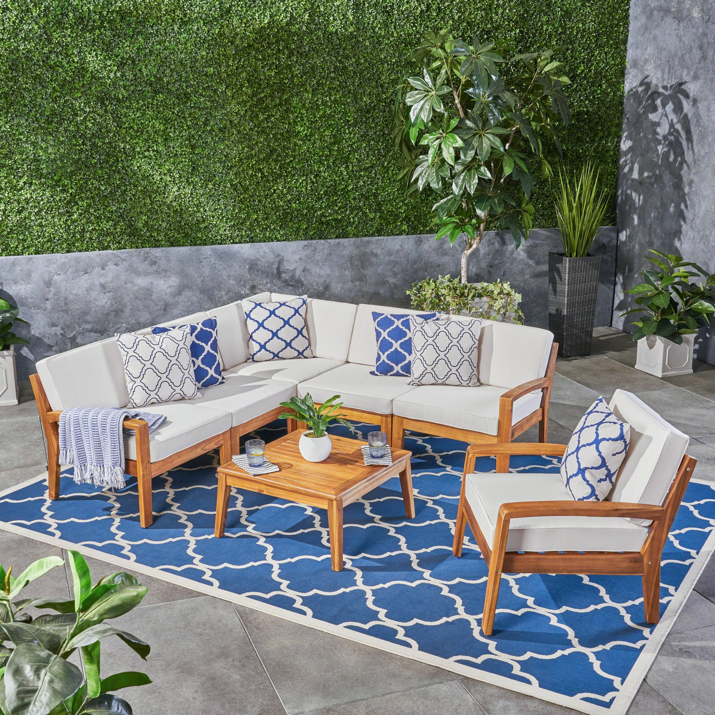 Teak and Beige 7-Piece Outdoor Sectional Sofa Set with Armchairs