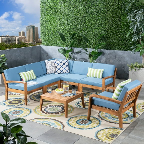 Wilcox Outdoor 7 Piece Sectional Sofa Set with Cushions, Teak, Blue