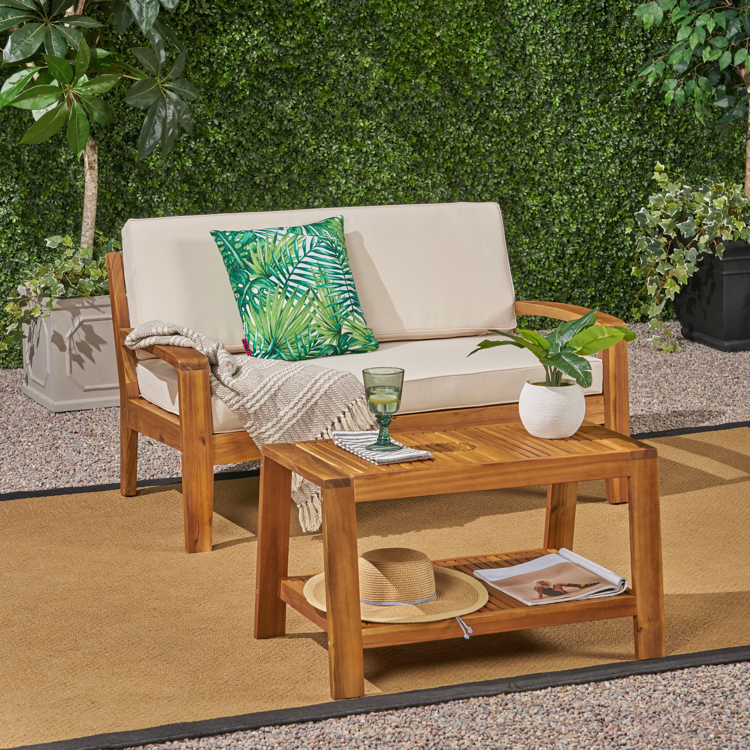 Wilcox Outdoor Acacia Wood Loveseat and Coffee Table Set with Cushions