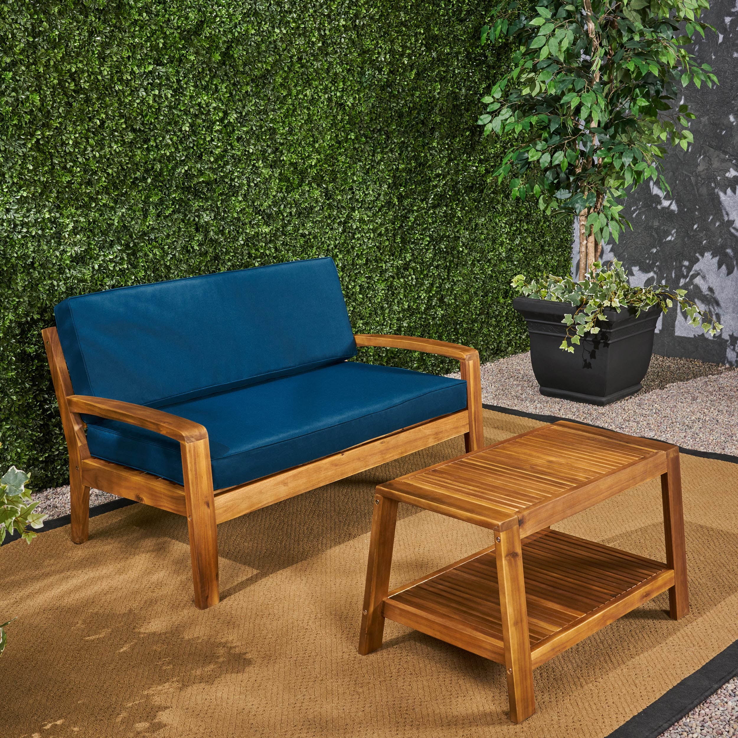 Wilcox Outdoor Acacia Wood Loveseat and Coffee Table Set with Cushions