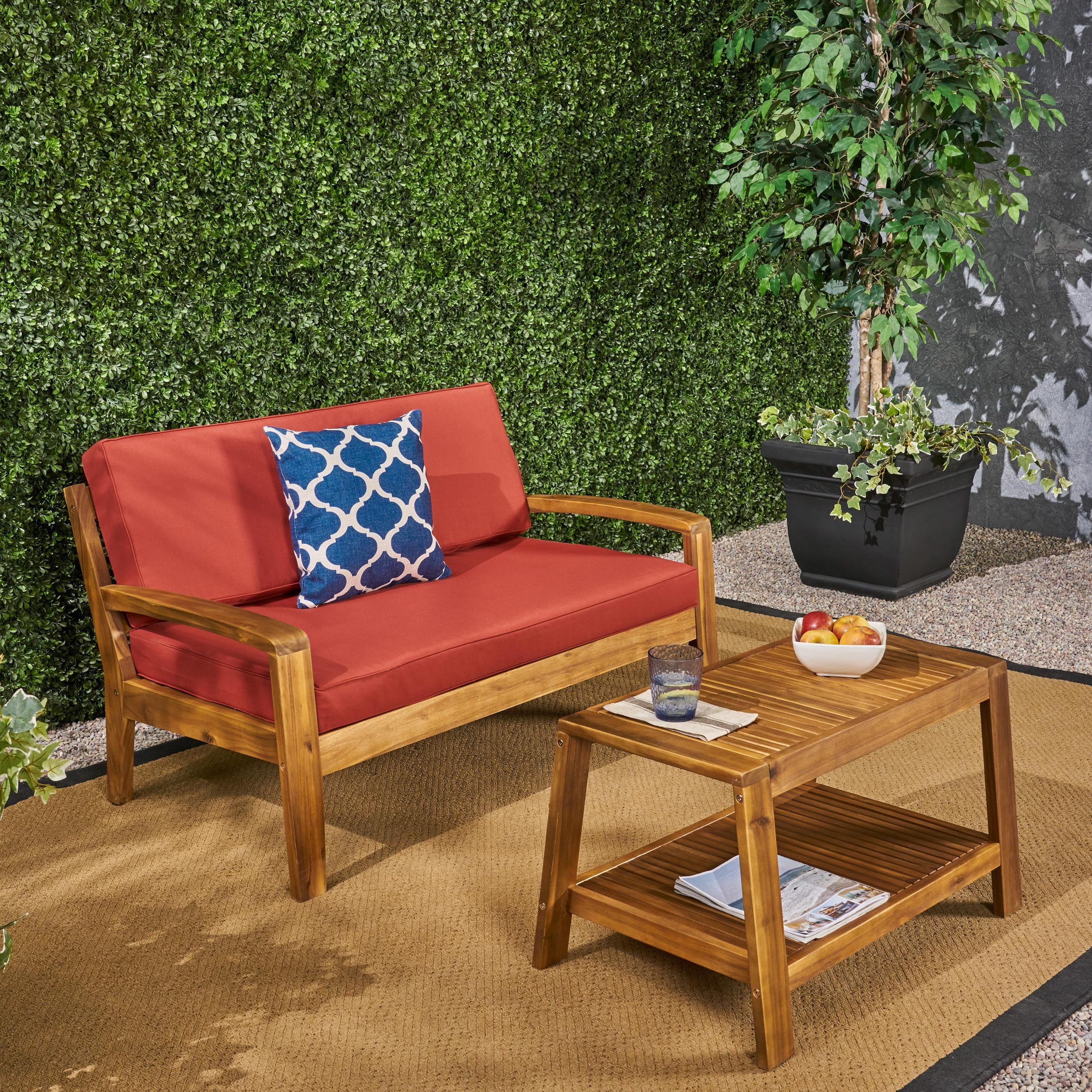 Wilcox Outdoor Acacia Wood Loveseat and Coffee Table Set with Cushions, Teak, Red