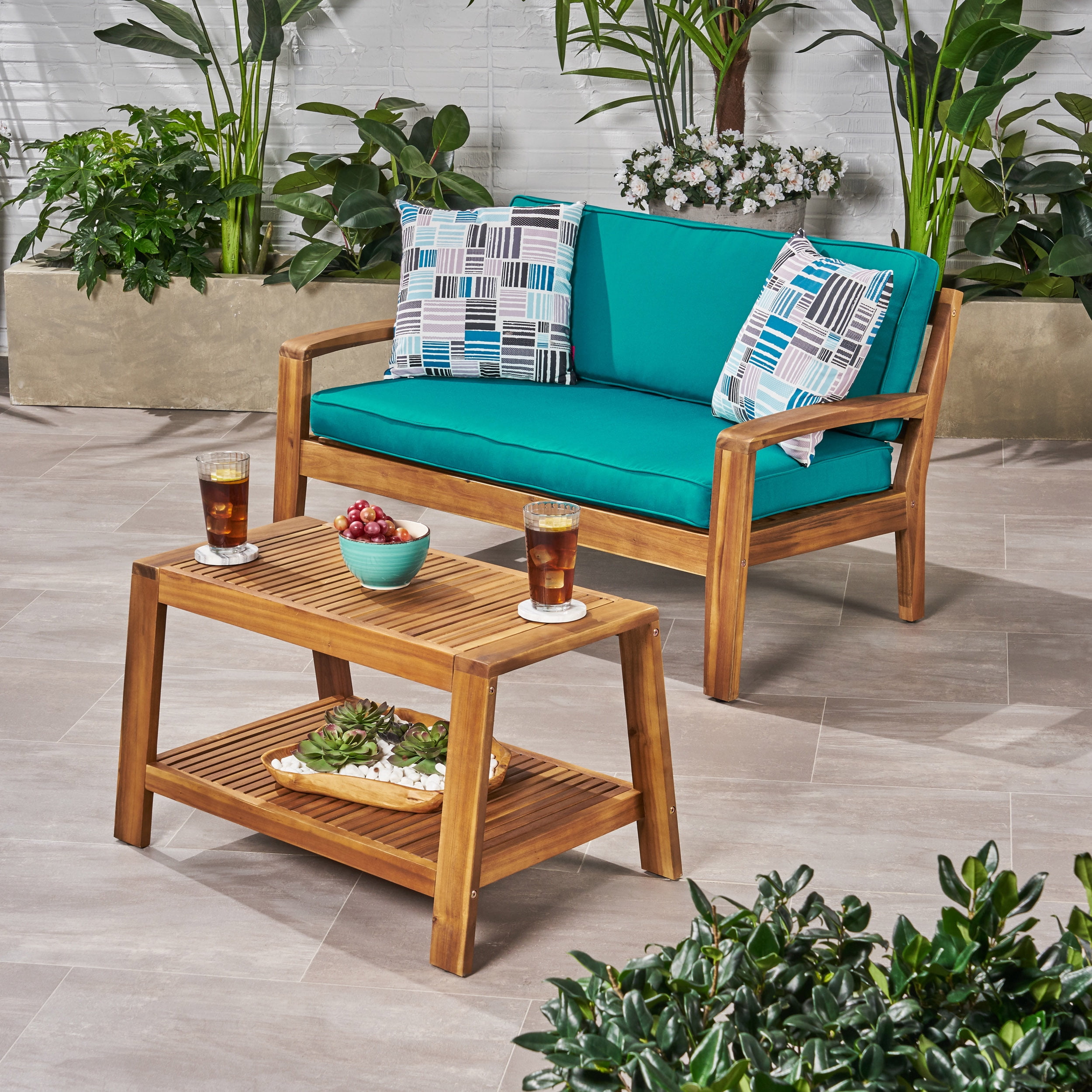 Wilcox Outdoor Acacia Wood Loveseat and Coffee Table Set with Cushions, Teak, Sunbrella Canvas Teal