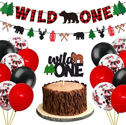 Wild 1st Birthday Decorations Pack - Buffalo Plaid Woodland Camping Lumberjack Theme (Bear/Hunting/Winter) Baby Shower Bday Supplies: Glitter Cake Topper, Banner & Balloons