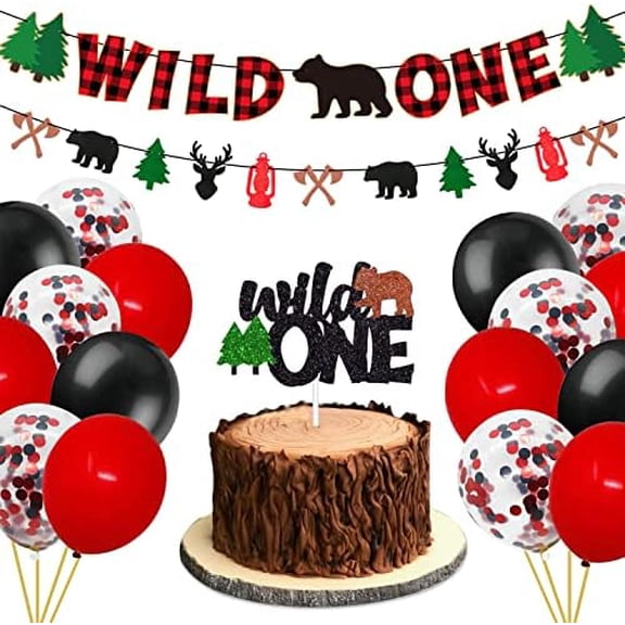 Wild 1st Birthday Decorations Pack - Buffalo Plaid Woodland Camping Lumberjack Theme (Bear/Hunting/Winter) Baby Shower Bday Supplies: Glitter Cake Topper, Banner & Balloons