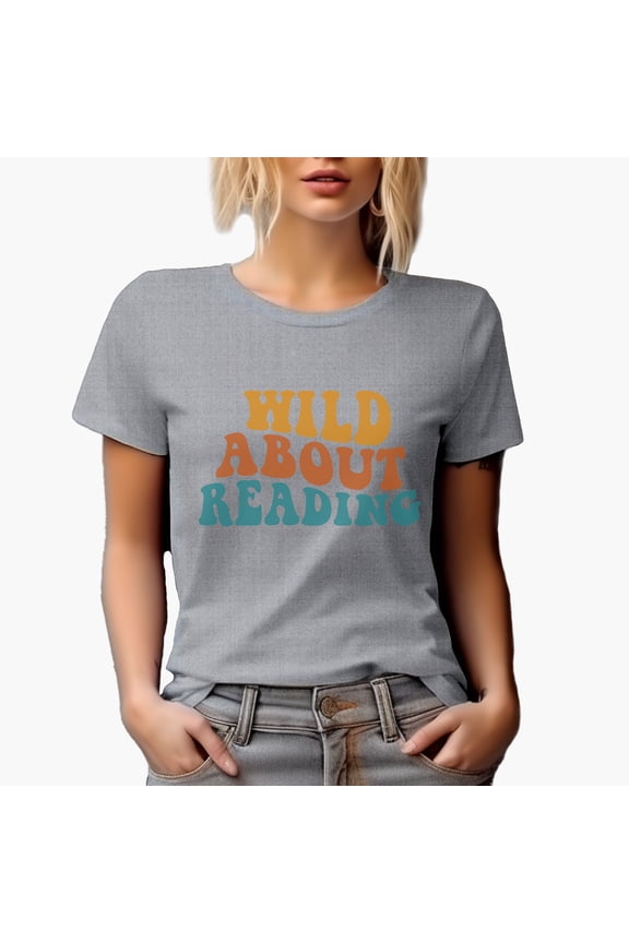 Wild About Reading, Book Lover or Avid Reader Themed, Groovy Retro Wavy Text Merch Gift, Heather Grey T-Shirt, XL