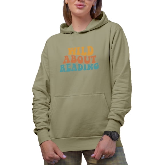 Wild About Reading, Book Lover or Avid Reader Themed, Groovy Retro Wavy Text Merch Gift, Sand Hooded Sweatshirt or Hoodie, Small