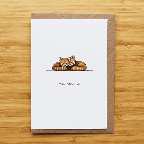 Wild About Us Red Panda Anniversary Card, Hand Drawn Watercolor Couple Card, 5x7 Inch Blank Inside