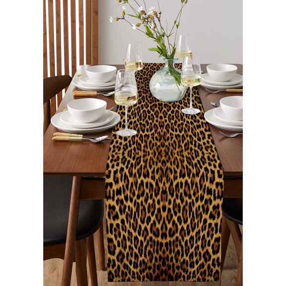 Wild Abstract Leopard Skin Table Runner 13x36in Non-Slip Cotton Linen Table Runners, Animal Leather Texture Dresser Scarves TableRunner for Dinner Kitchen Dining Wedding Party
