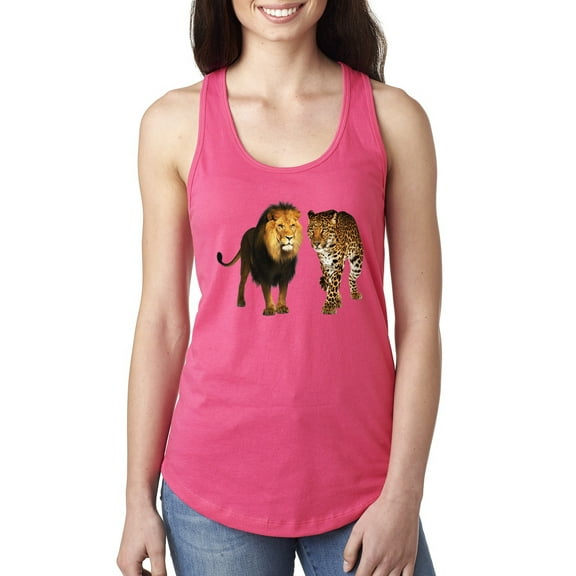 Wild African Lion and Cheetah Fashion Ladies Racerback Tank Top, Hot Pink, Large