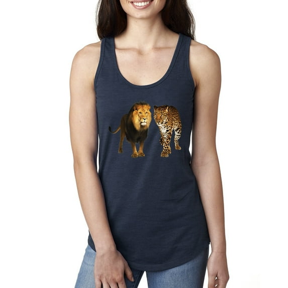 Wild African Lion and Cheetah Fashion Ladies Racerback Tank Top, Navy, X-Large
