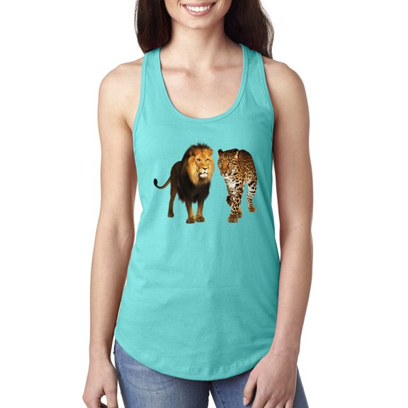 Wild African Lion and Cheetah Fashion Ladies Racerback Tank Top, Tahiti Blue, X-Large