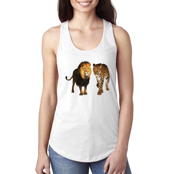 Wild African Lion and Cheetah Fashion Ladies Racerback Tank Top, White, Small