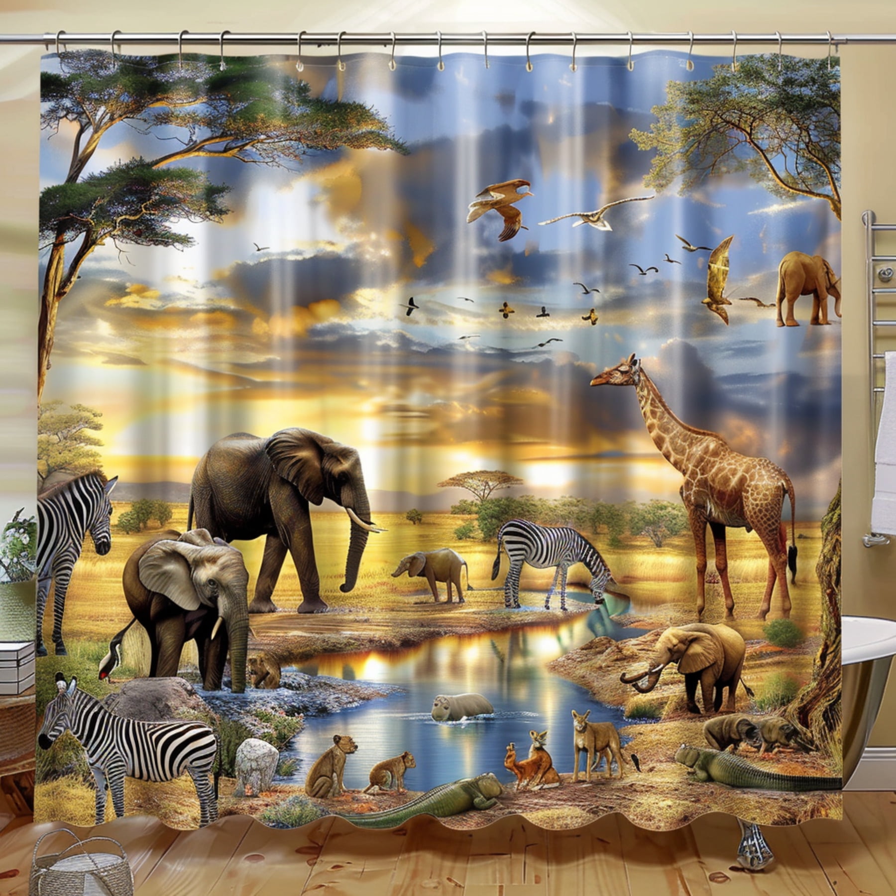 Wild African Safari Sunset Shower Curtain Elephants Giraffes Zebras Lions Hippos Crocodiles ...