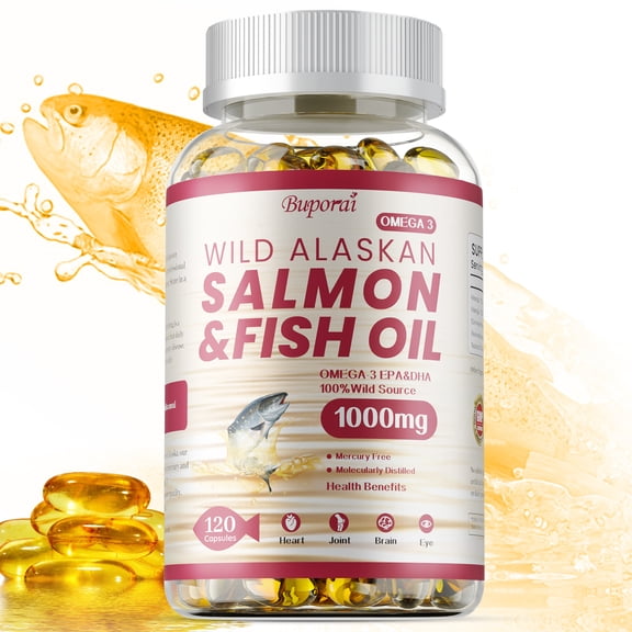 Wild Alaskan Salmon & Fish Oil - Rich in Omega-3, EPA, DHA - Supports Brain & Heart Health - 120 Softgels