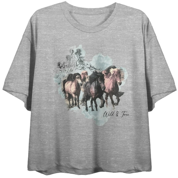 Wild And Free Horses Wandering The Desert Crew Neck Short Sleeve Athletic Heather Women's Crop Top-XS