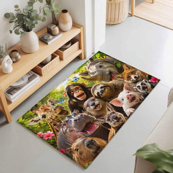 Wild Animal 2'x3' Rug for Entryway Front Door Kitchen Sink Area, Chimp Sloth Kangaroo Fox Pig Giraffe Rhinocero Low Pile Washable Non Slip Rectangle Area Rug for Living Room