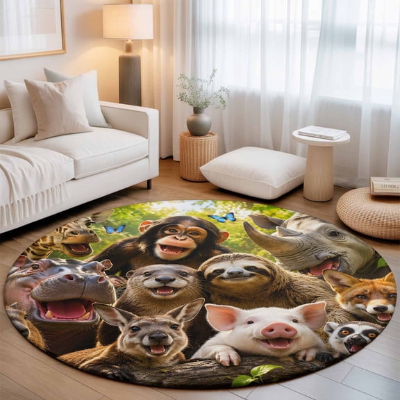 Wild Animal 8' Round Rug for Open Concept Living Room Seating Zone, Chimp Sloth Kangaroo Fox Pig Giraffe Rhinocero Washable Non Slip Large Circle Area Rug