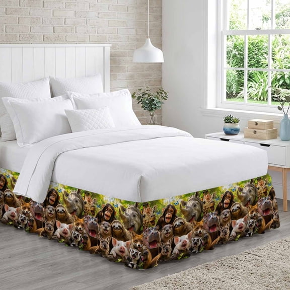 Wild Animal Bed Skirt King Size 16 Inch Drop, Chimp Sloth Kangaroo Fox Pig Giraffe Rhinocero Adjustable Elastic Dust Ruffles Bedskirt for King Bed Wrap Around Pleated Mattress Frame Cover