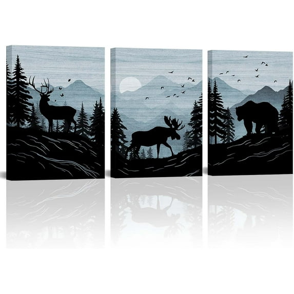 Wild Animal Canvas Wall Art Rustic Cabin Decor Bear Elk Moose Wall Pictures Forest Landscape Hunting Theme Painting Framed Farmhouse Wall Decor 12"x16"x3